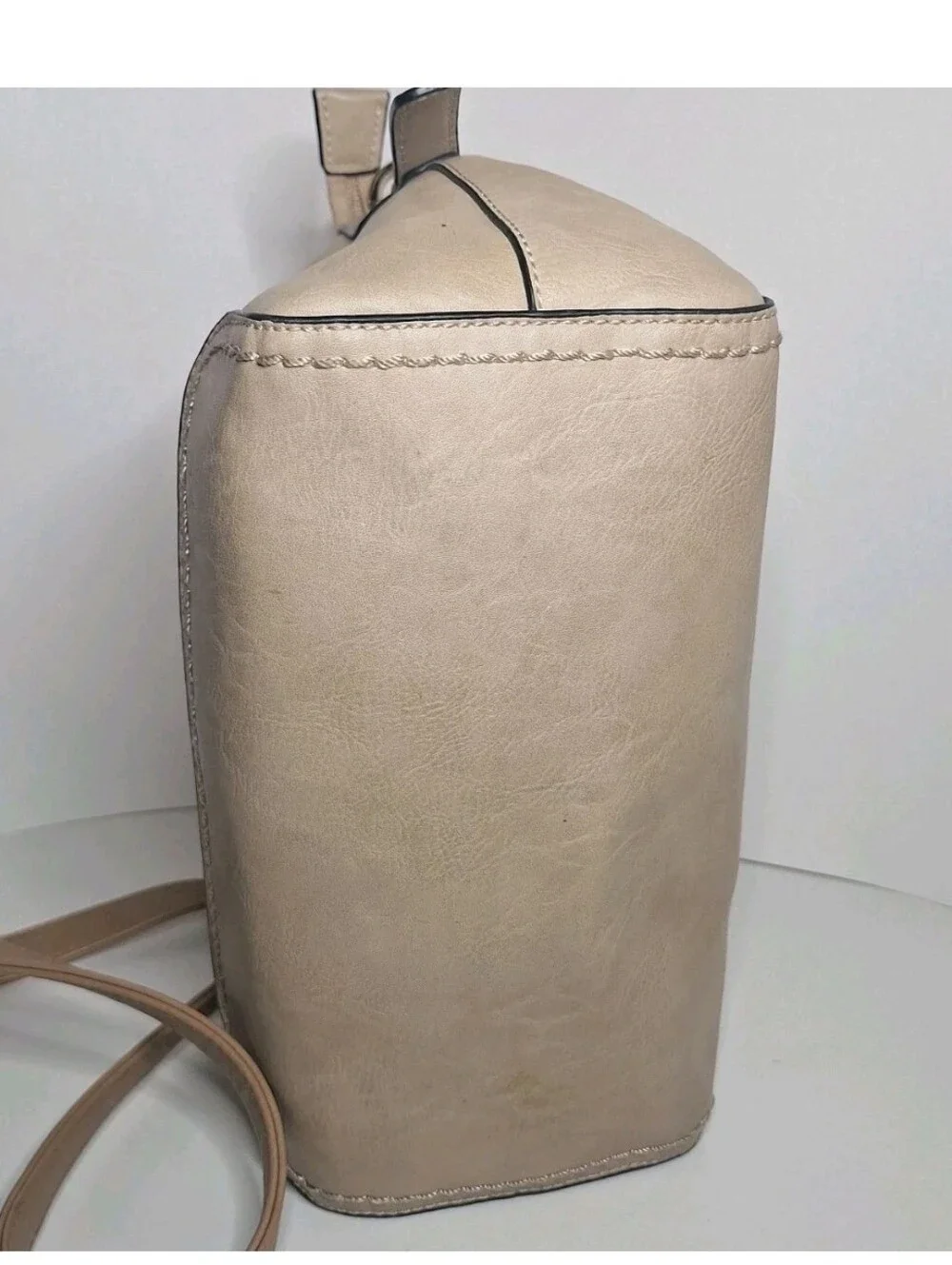Simply Noelle Medium Beige And Tan Faux Leather Satchel Crossbody No Top Handles